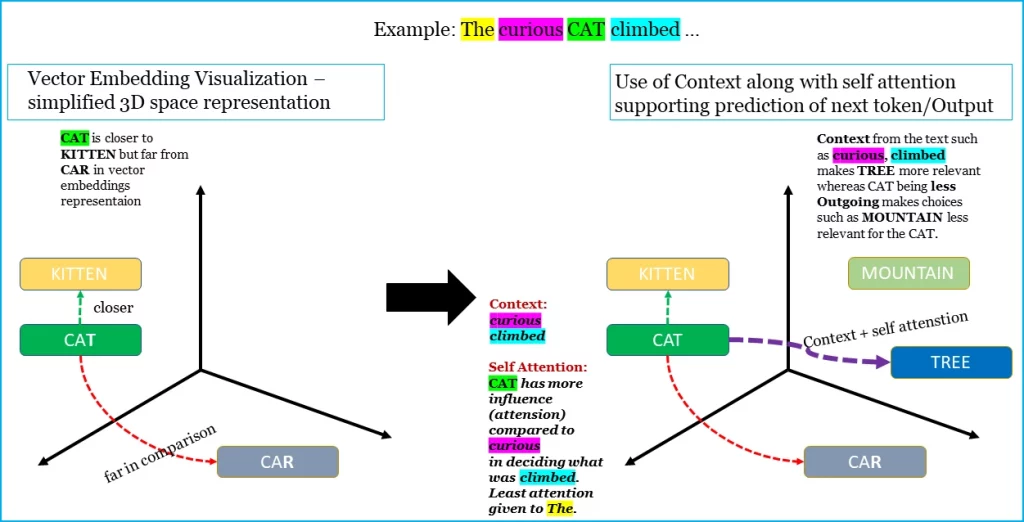Diagram showing tokenized words converted into vector embeddings, processed through a transformer model to predict the next word.